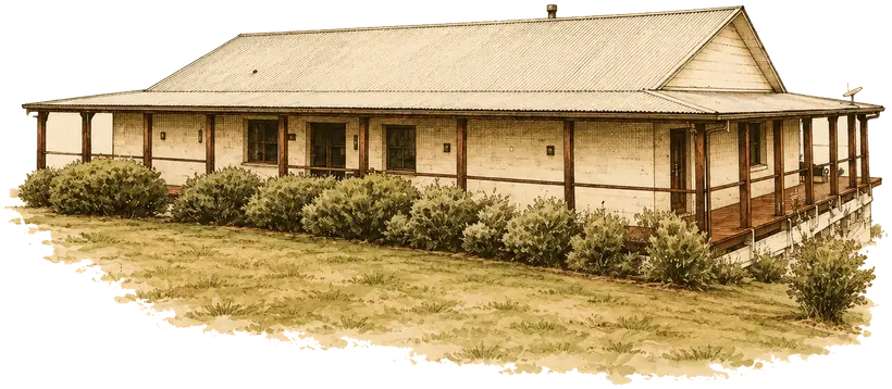 Illustration of a long weatherboard homestead with a wraparound verandah